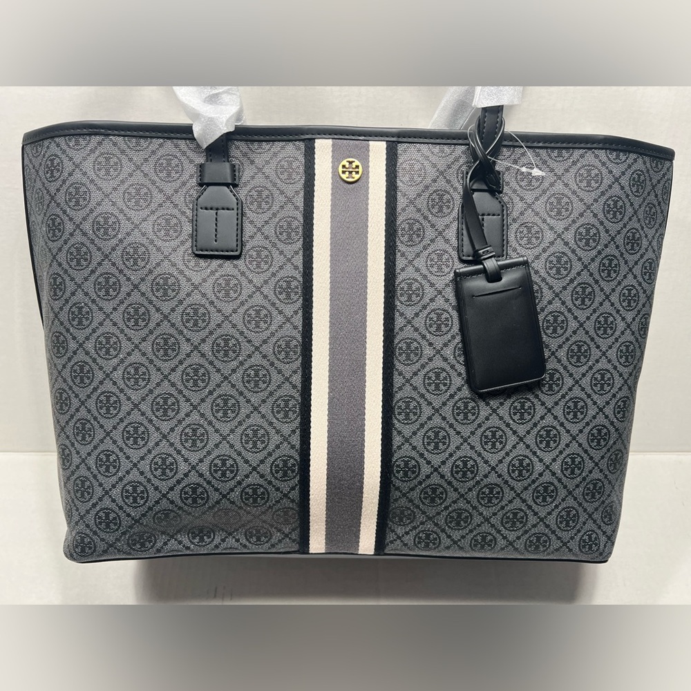 Tory Burch T Monogram Coated Canvas Tote Bag In Black MSRP $328 - Picture 2 of 7